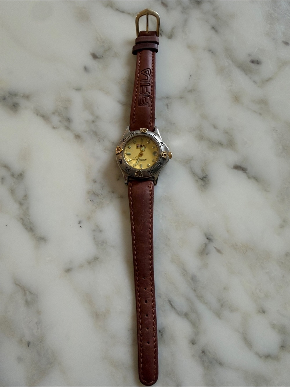 Vintage FILA Professional Meters Brown Leather Watch Gold Dial Needs Battery